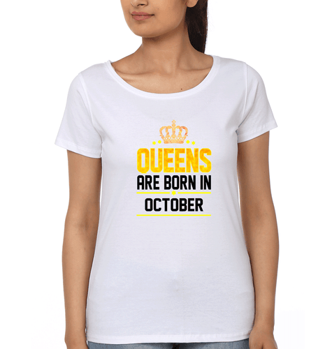 Queens Are Born In October T-Shirt for Women-White-Ektarfa.online