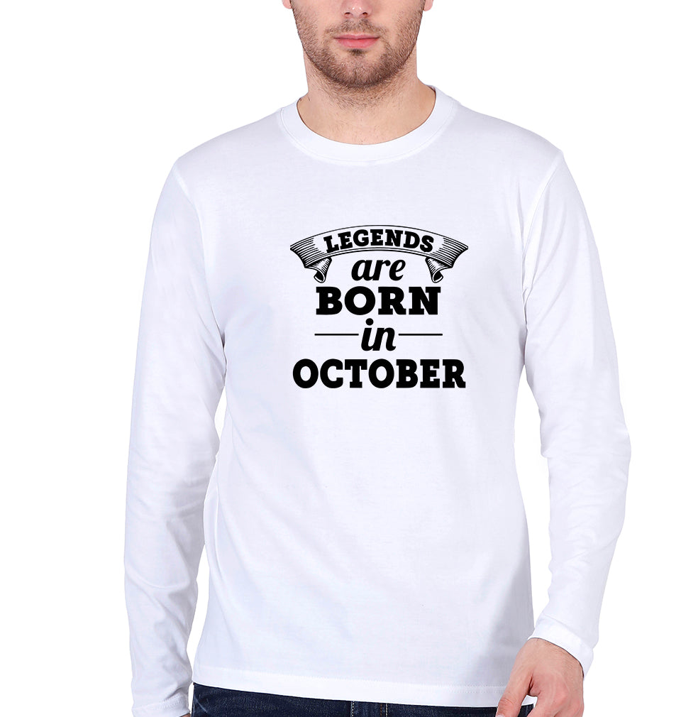 Legends are Born in October Full Sleeves T-Shirt for Men-White-Ektarfa.online