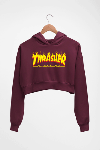 Thrasher Magzine Crop HOODIE FOR WOMEN-Maroon-Ektarfa.online