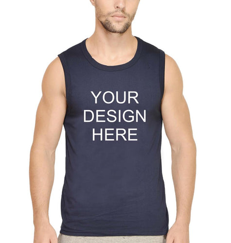 Customized-Custom-Personalized Sleeveless T-Shirt for Men-S(38 Inches)-Navy Blue-ektarfa.com