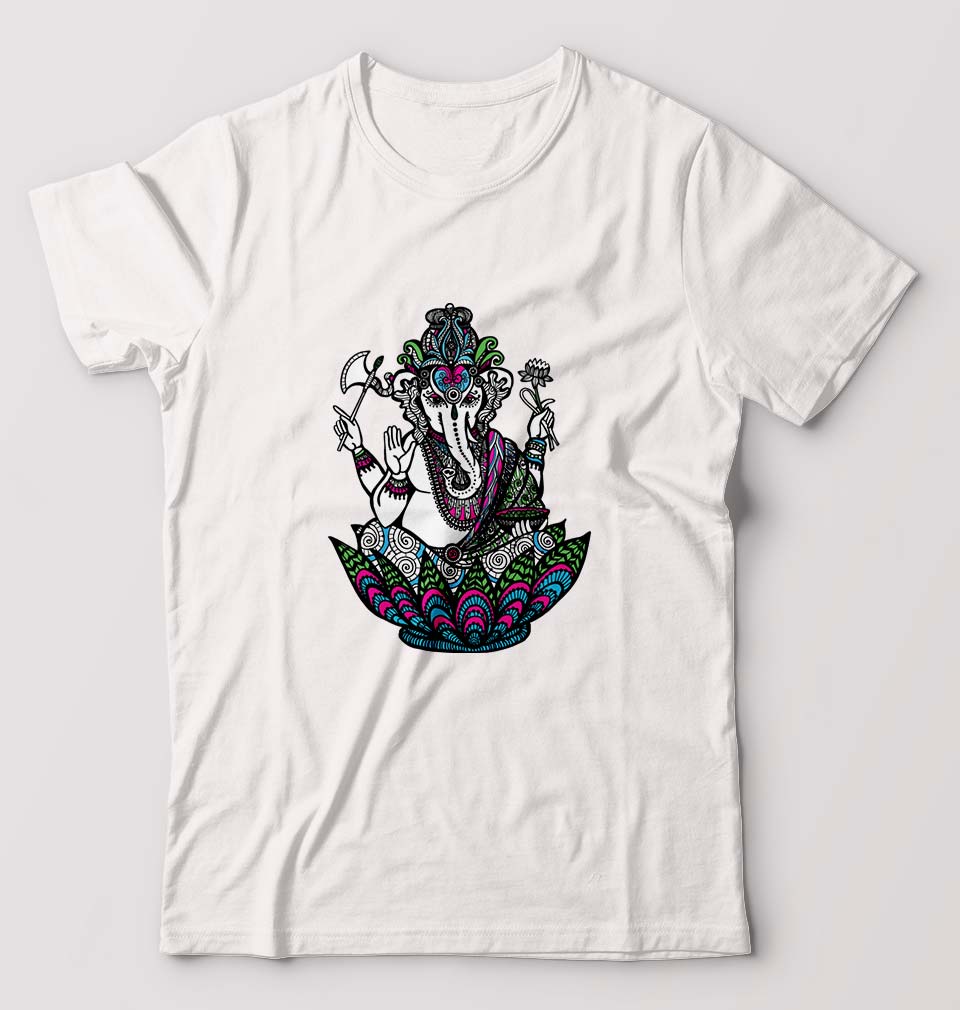 Psychedelic Ganesha T-Shirt for Men-S(38 Inches)-White-Ektarfa.online