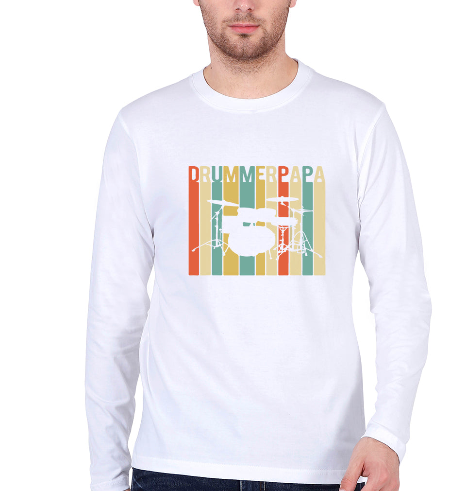 Drummer Papa Full Sleeves T-Shirt for Men-White-Ektarfa.online