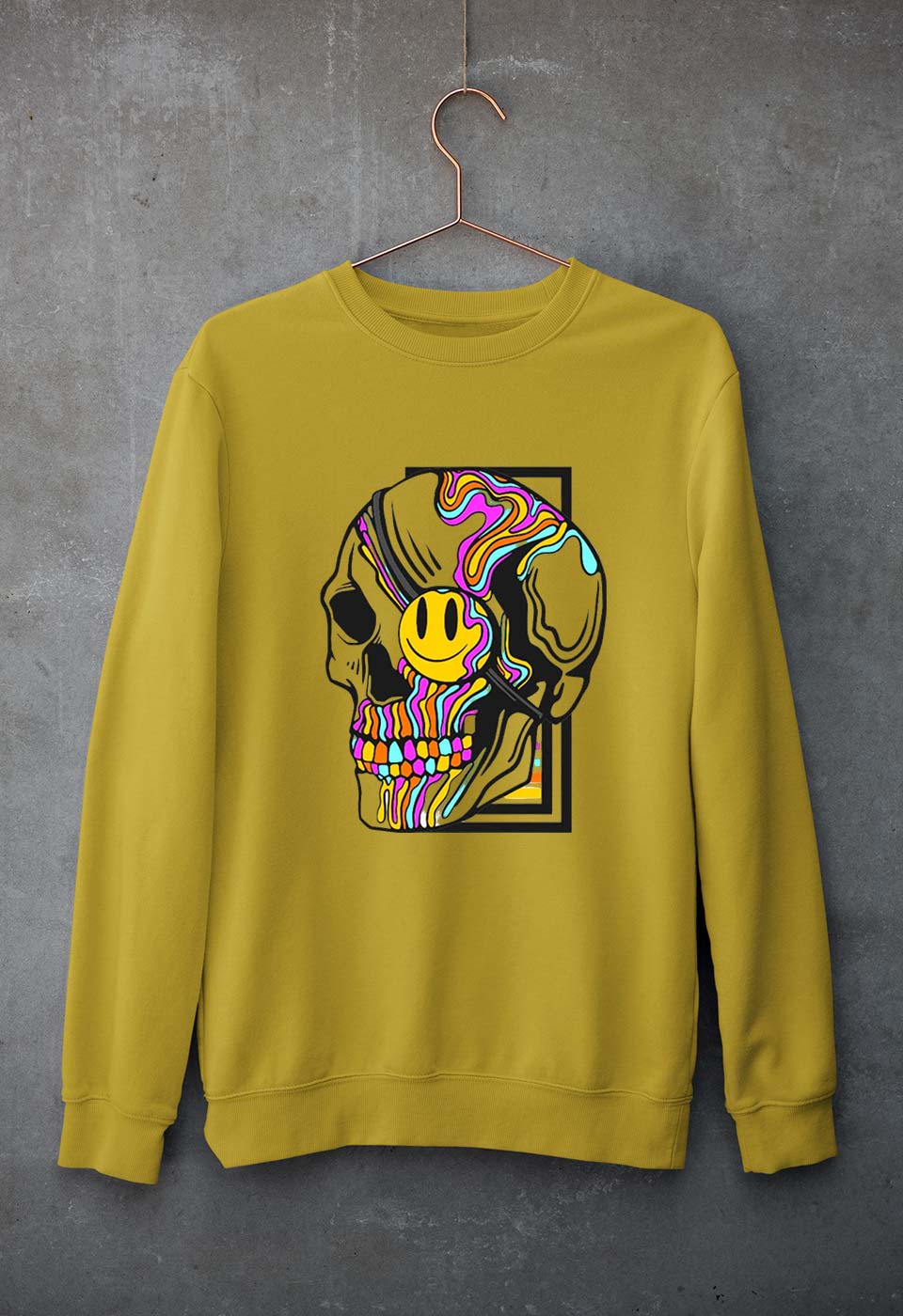 Trippy Psychedelic Skull Emoji Unisex Sweatshirt for Men/Women-Mustard Yellow-Ektarfa.online