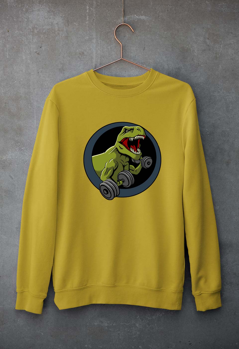 Angry T-Rex Gym Unisex Sweatshirt for Men/Women-S(40 Inches)-Mustard Yellow-Ektarfa.online