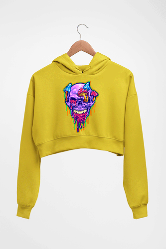 Trippy Psychedelic Skull Crop HOODIE FOR WOMEN-Mustard Yellow-Ektarfa.online