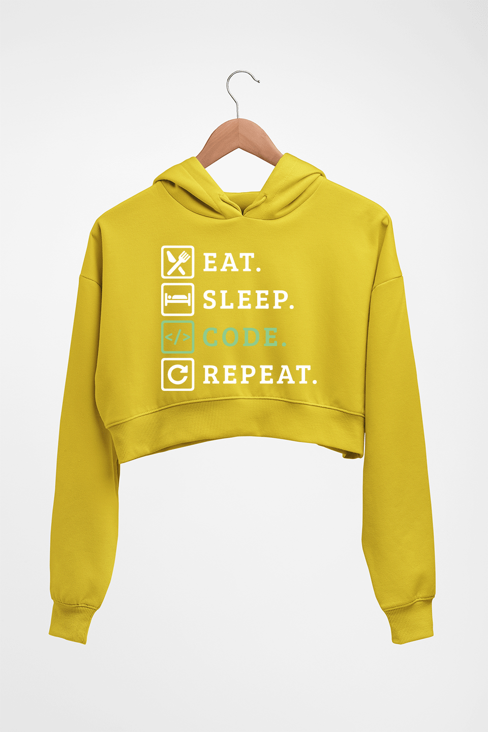 Eat Sleep Code Repeat Crop HOODIE FOR WOMEN-Mustard Yellow-Ektarfa.online