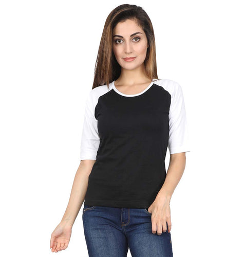 Plain White-Black Raglan Full Sleeves T-Shirt For Women-ektarfa.com