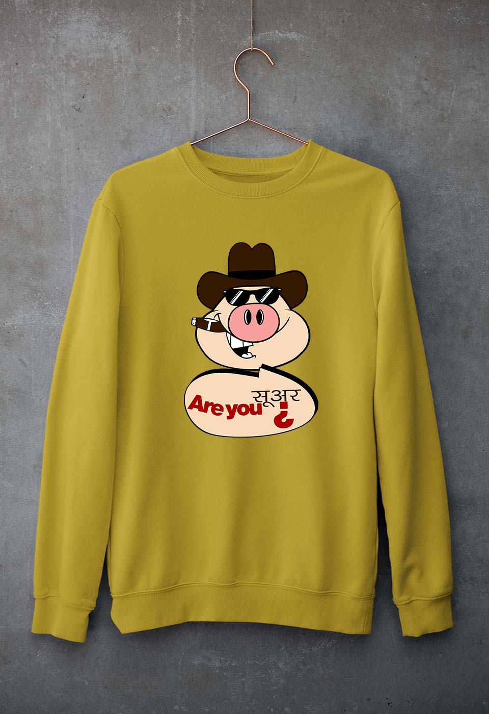Pig Funny Unisex Sweatshirt for Men/Women-S(40 Inches)-Mustard Yellow-Ektarfa.online