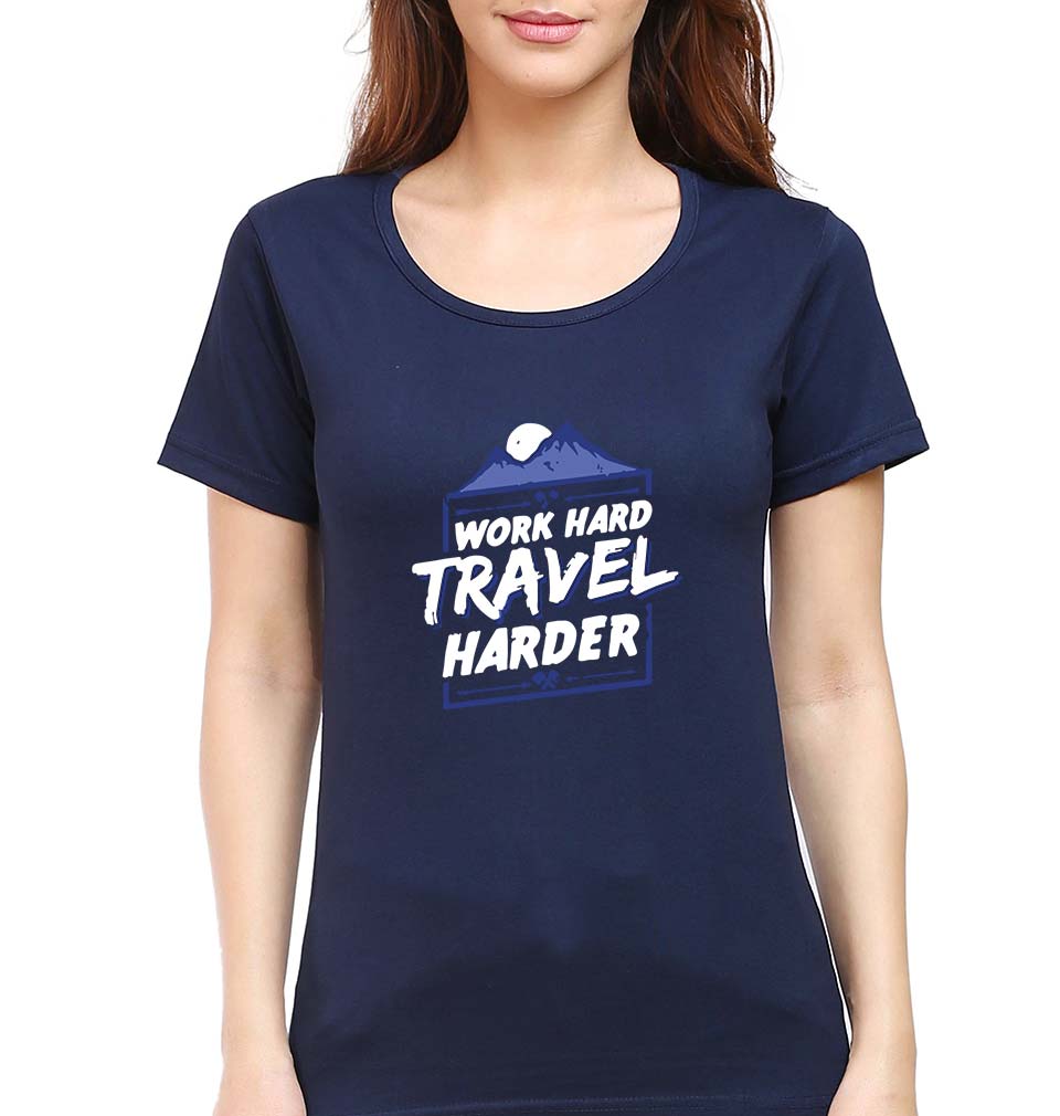 Travel Harder T-Shirt for Women-XS(32 Inches)-Navy Blue-Ektarfa.online