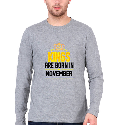 Kings Are Born In November Full Sleeves T-Shirt for Men-Grey Melange-Ektarfa.online