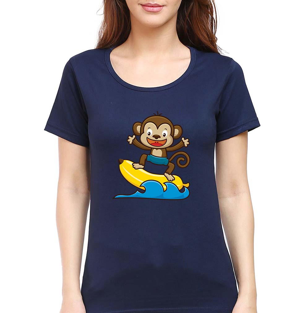 Monkey Banana T-Shirt for Women-XS(32 Inches)-Navy Blue-Ektarfa.online