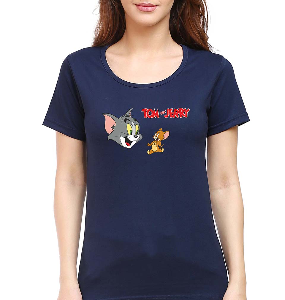 Tom and Jerry T-Shirt for Women-XS(32 Inches)-Navy Blue-Ektarfa.online