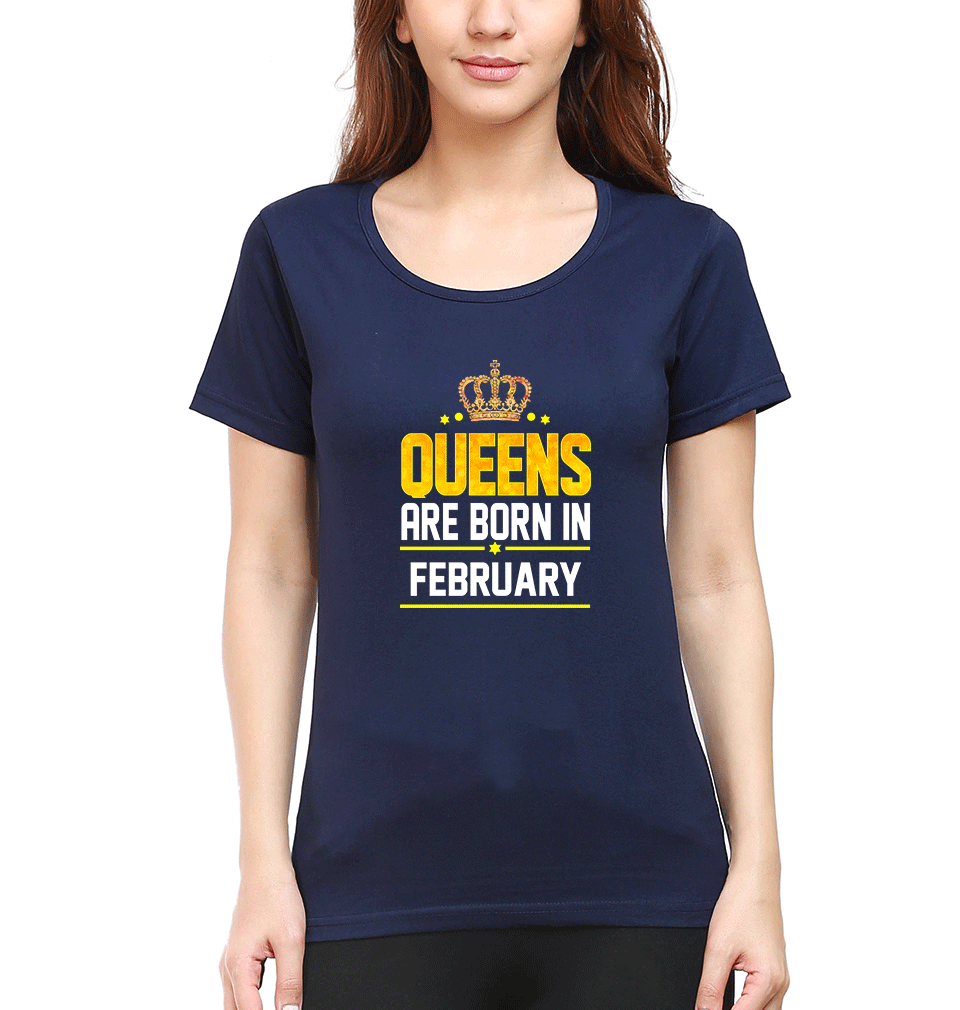 Queens Are Born In February T-Shirt for Women-Navy Blue-Ektarfa.online