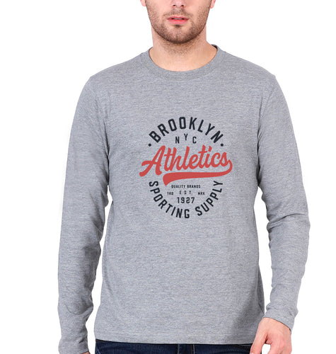 Varsity Brooklyn NYC Full Sleeves T-Shirt for Men-Grey Melange-Ektarfa.online