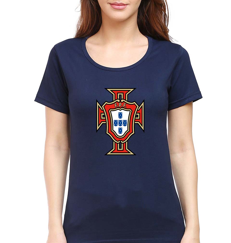 Portugal Football T-Shirt for Women-XS(32 Inches)-Navy Blue-Ektarfa.online