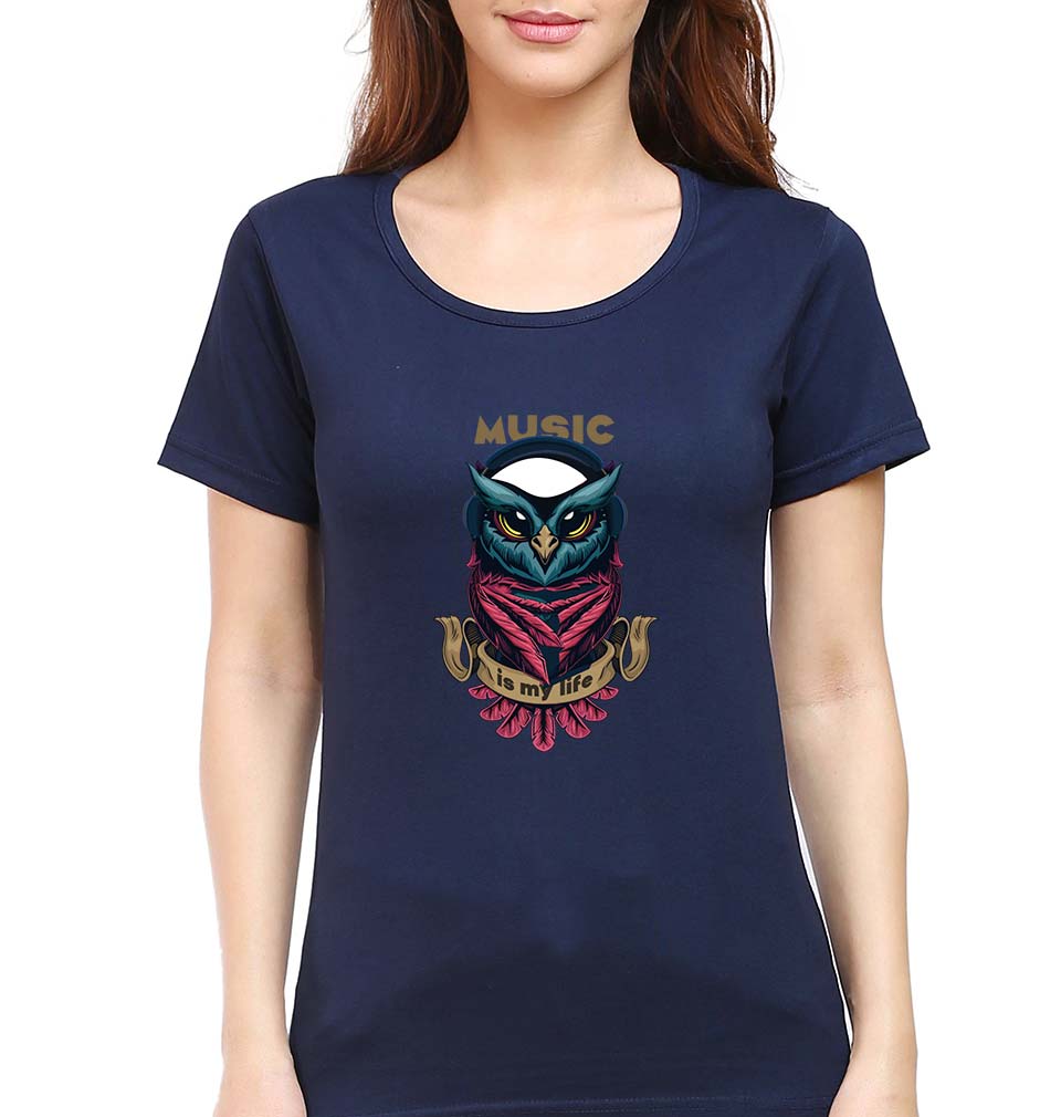 Owl Music T-Shirt for Women-XS(32 Inches)-Navy Blue-Ektarfa.online