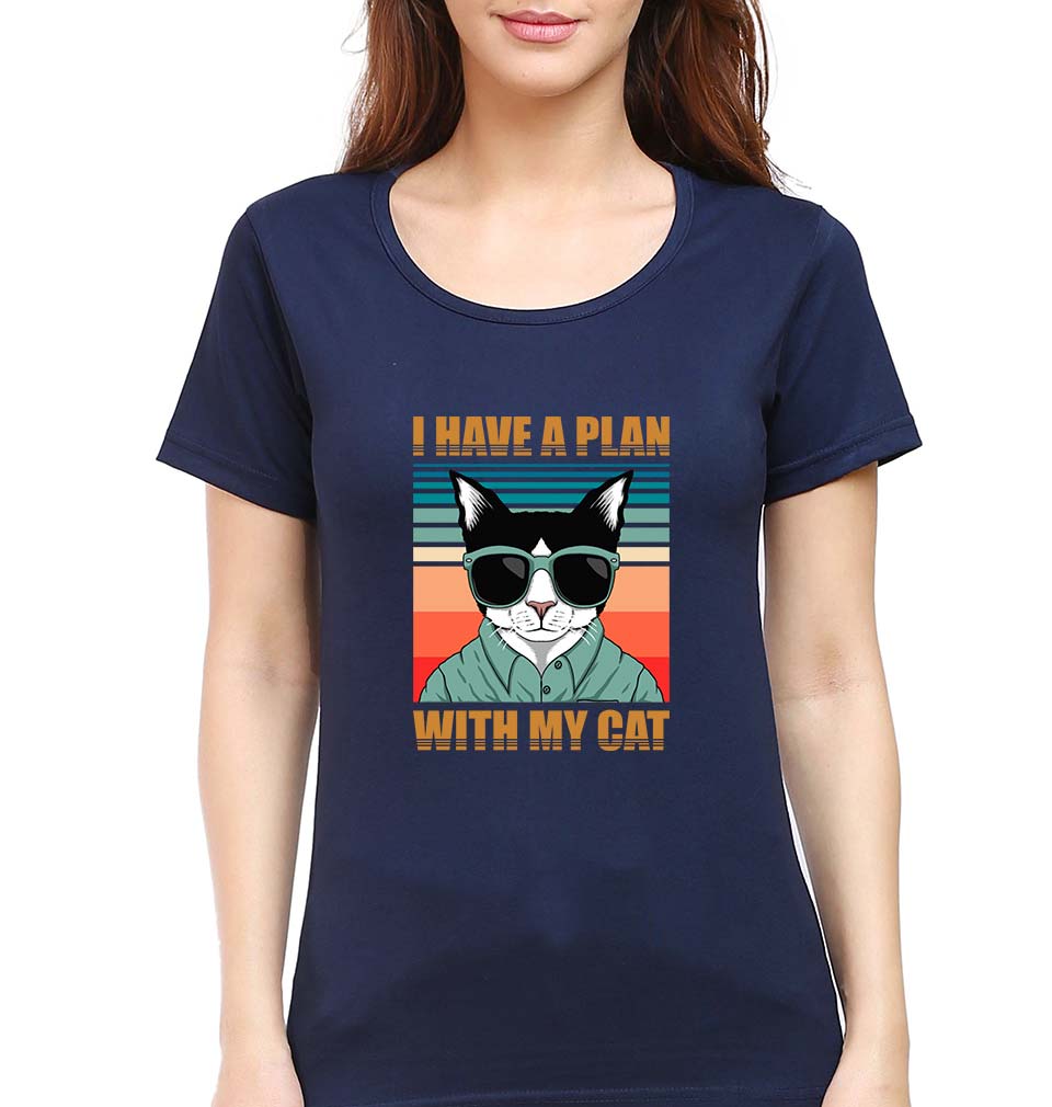 Cat T-Shirt for Women-XS(32 Inches)-Navy Blue-Ektarfa.online