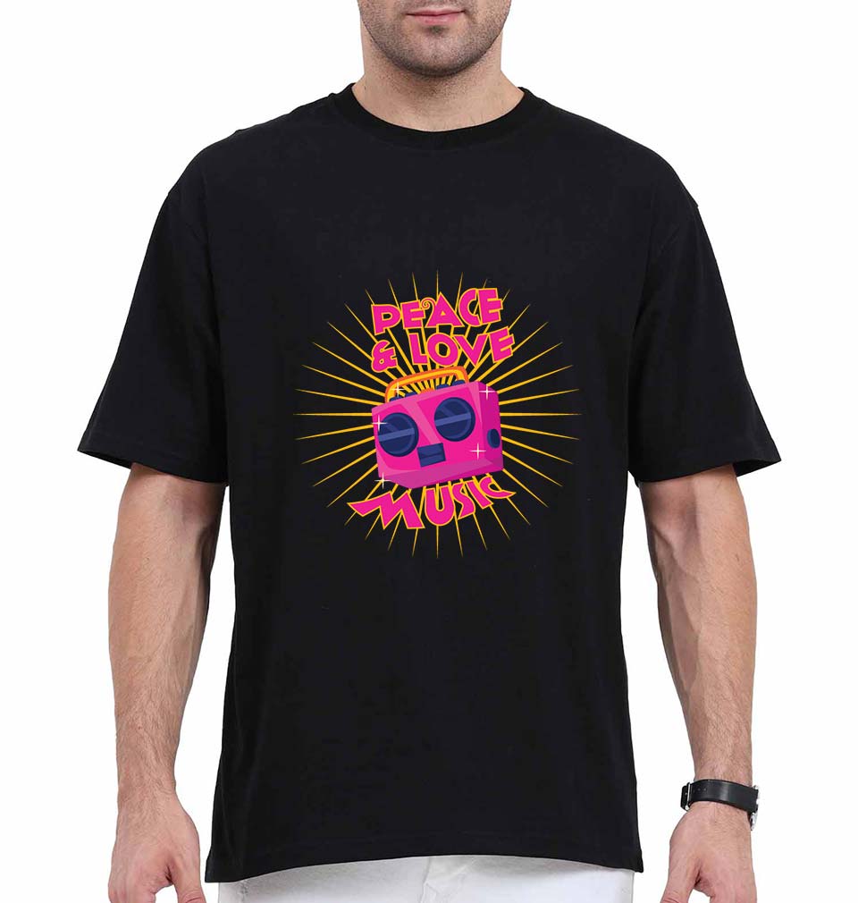 Psychedelic Music Peace Love Oversized T-Shirt for Men-Black-Ektarfa.online