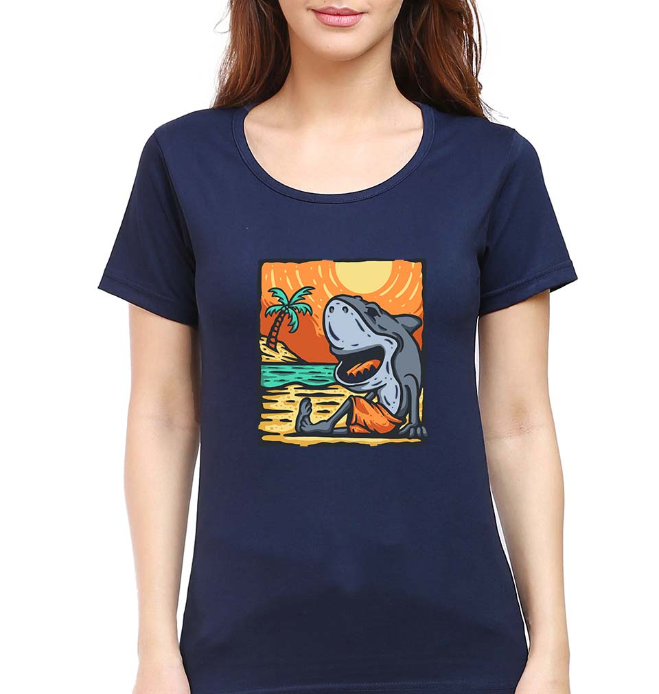 Shark T-Shirt for Women-XS(32 Inches)-Navy Blue-Ektarfa.online