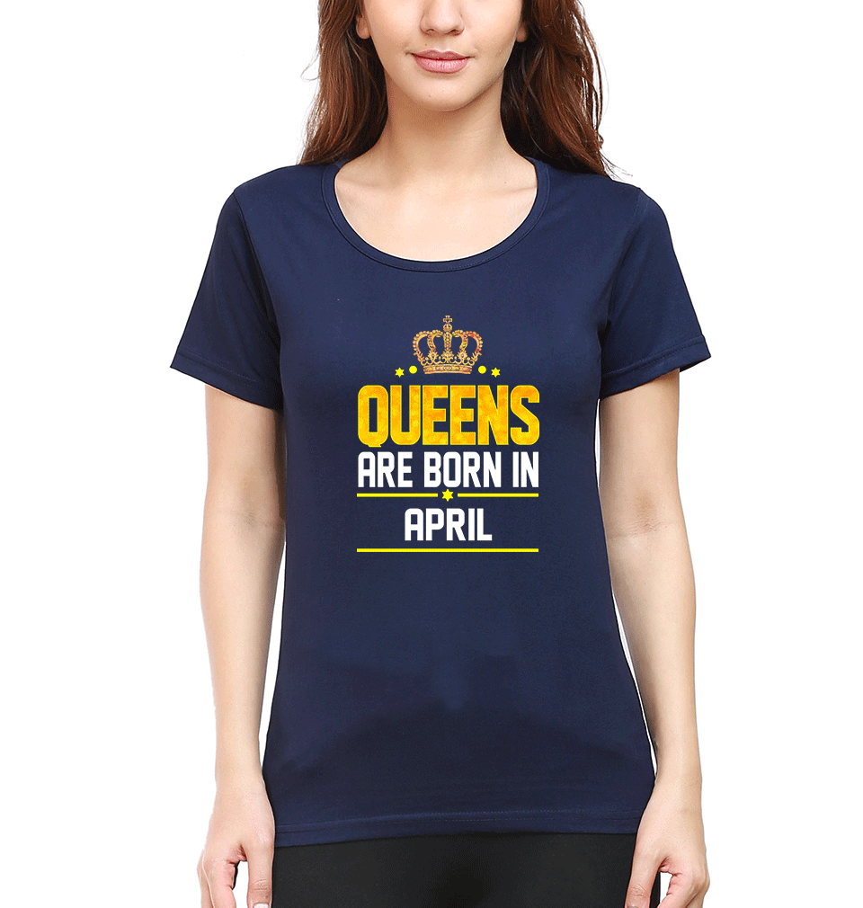 Queens Are Born In April T-Shirt for Women-Navy Blue-Ektarfa.online