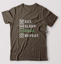 Load image into Gallery viewer, Eat Sleep Code Repeat T-Shirt for Men-S(38 Inches)-Olive Green-Ektarfa.online
