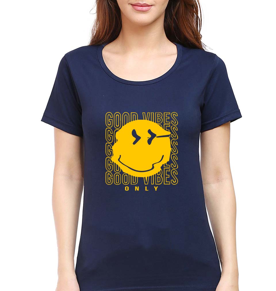 Good Vibes Emoji T-Shirt for Women-Navy Blue-Ektarfa.online