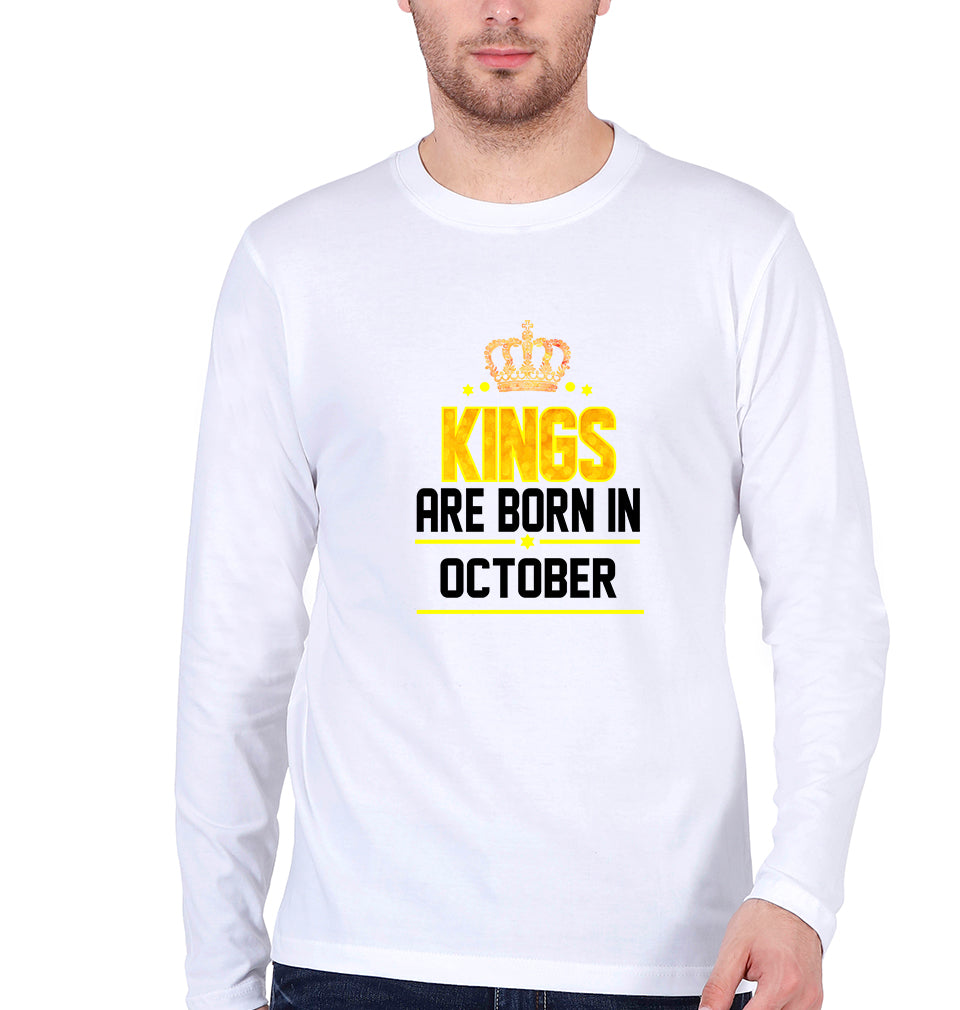 Kings Are Born In October Full Sleeves T-Shirt for Men-White-Ektarfa.online