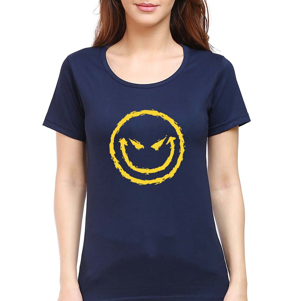 Evil Smile Emoji T-Shirt for Women-XS(32 Inches)-Navy Blue-Ektarfa.online
