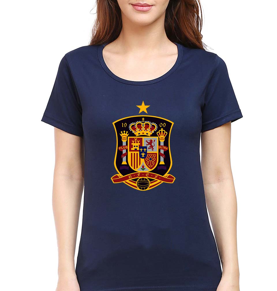 Spain Football T-Shirt for Women-XS(32 Inches)-Navy Blue-Ektarfa.online