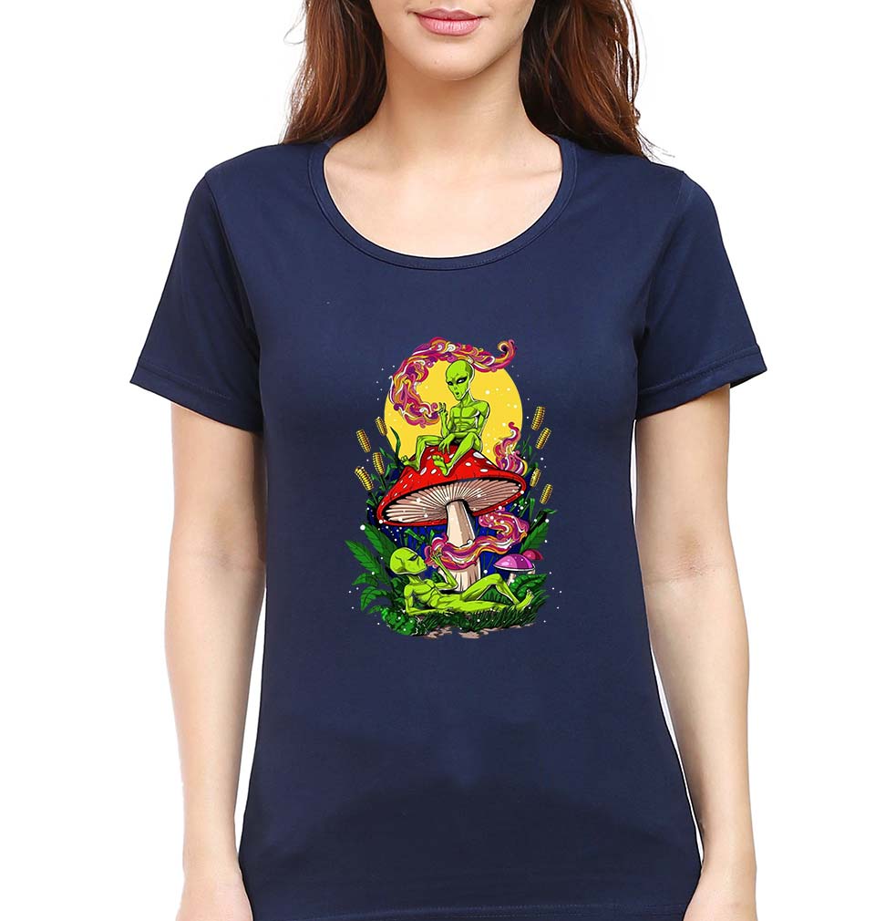 Trippy Psychedelic Weed Stoned T-Shirt for Women-Navy Blue-Ektarfa.online