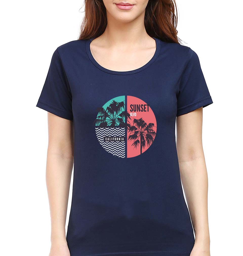 Sunset California T-Shirt for Women-XS(32 Inches)-Navy Blue-Ektarfa.online
