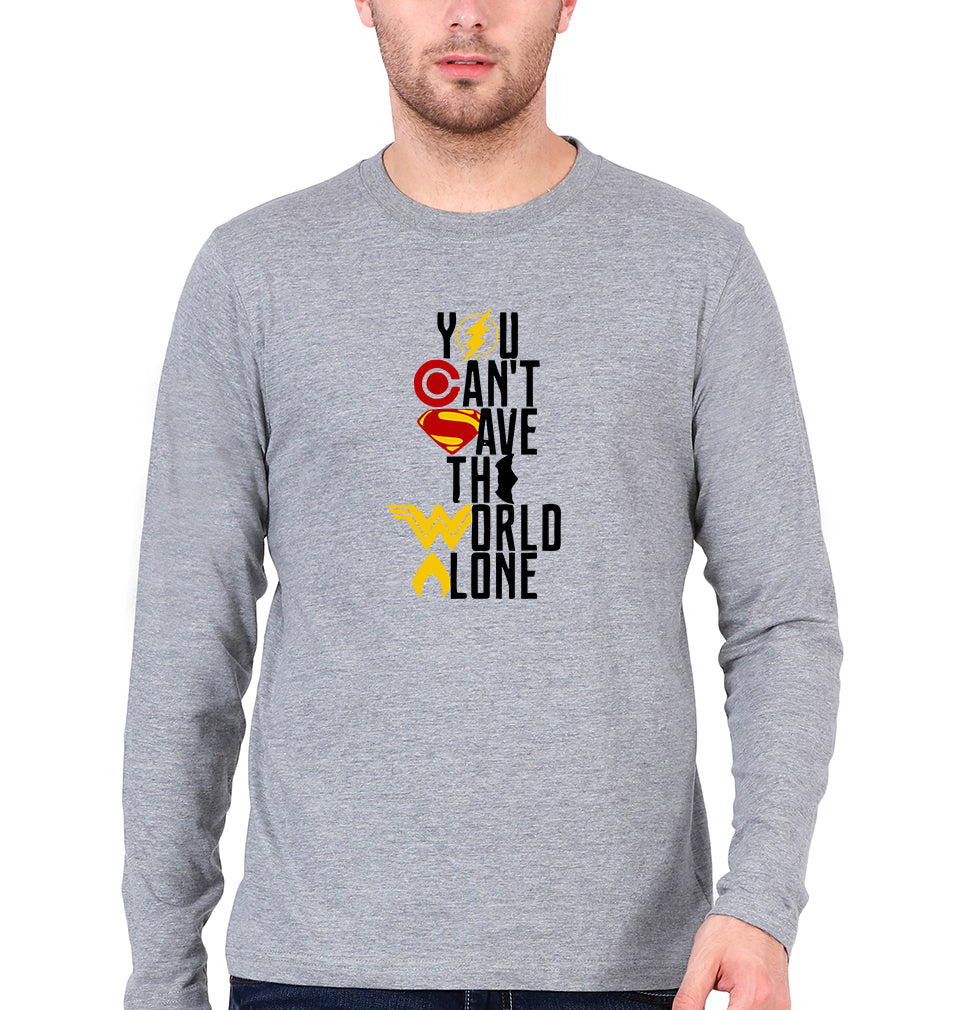 You Can't Save The World Alone Justice League Full Sleeves T-Shirt for Men-Grey Melange-Ektarfa.online