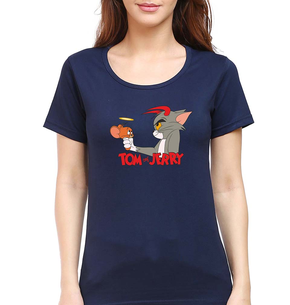 Tom and Jerry T-Shirt for Women-XS(32 Inches)-Navy Blue-Ektarfa.online