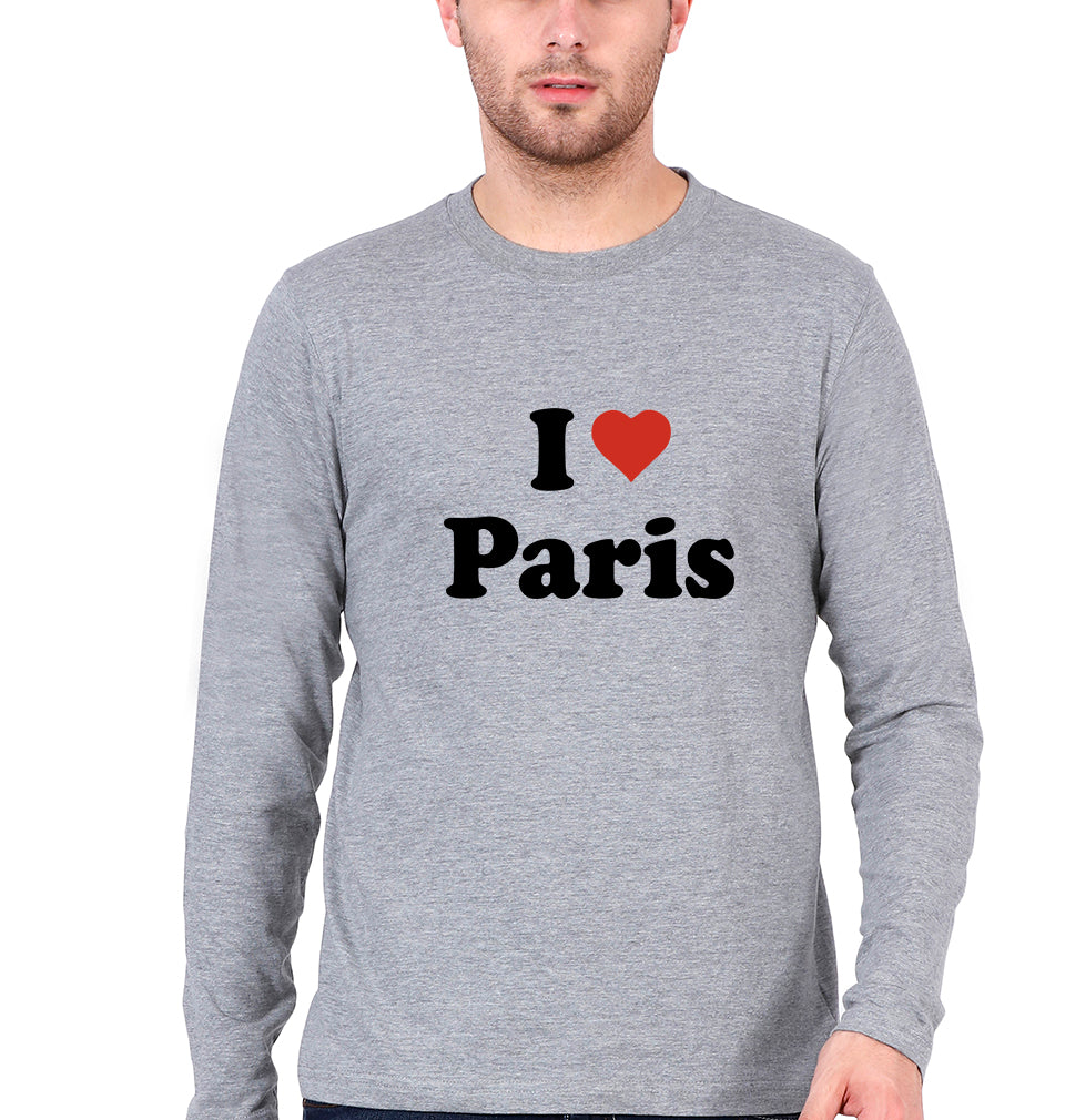 I Love Paris Full Sleeves T-Shirt for Men-Grey Melange-Ektarfa.online