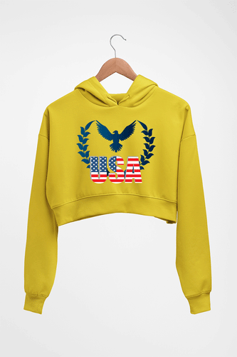 USA America Crop HOODIE FOR WOMEN-Mustard Yellow-Ektarfa.online