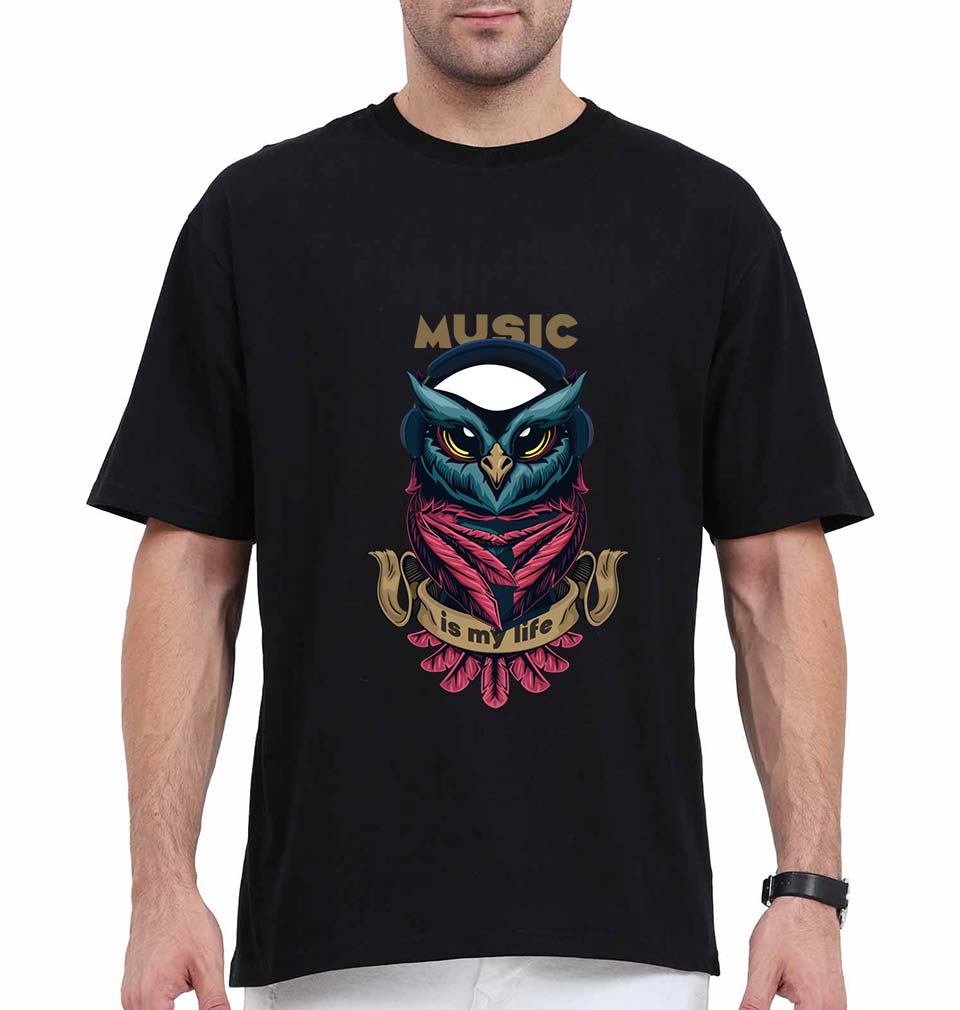 Owl Music Oversized T-Shirt for Men-Black-Ektarfa.online