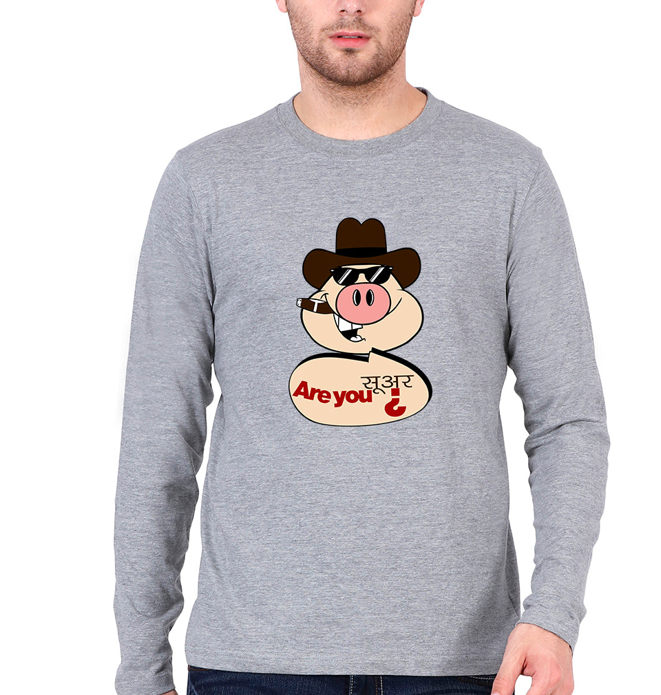 Pig Funny Full Sleeves T-Shirt for Men-S(38 Inches)-Grey Melange-Ektarfa.online