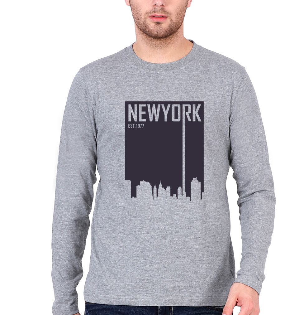 New York Full Sleeves T-Shirt for Men-S(38 Inches)-Grey Melange-Ektarfa.online
