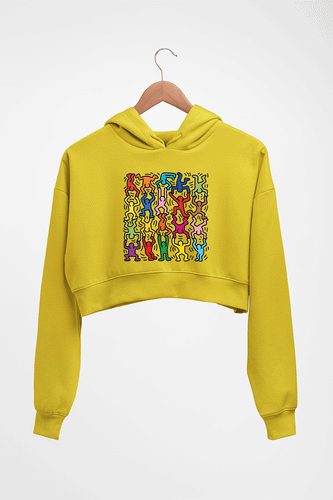 Keith Haring Funny Crop HOODIE FOR WOMEN-Mustard Yellow-Ektarfa.online