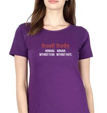 Load image into Gallery viewer, Nirbhau Nirvair T-Shirt for Women-XS(32 Inches)-Purple-Ektarfa.online
