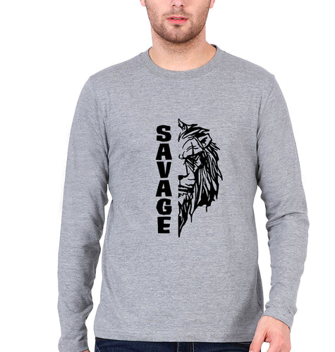 Savage Lion Full Sleeves T-Shirt for Men-Grey Melange-Ektarfa.online