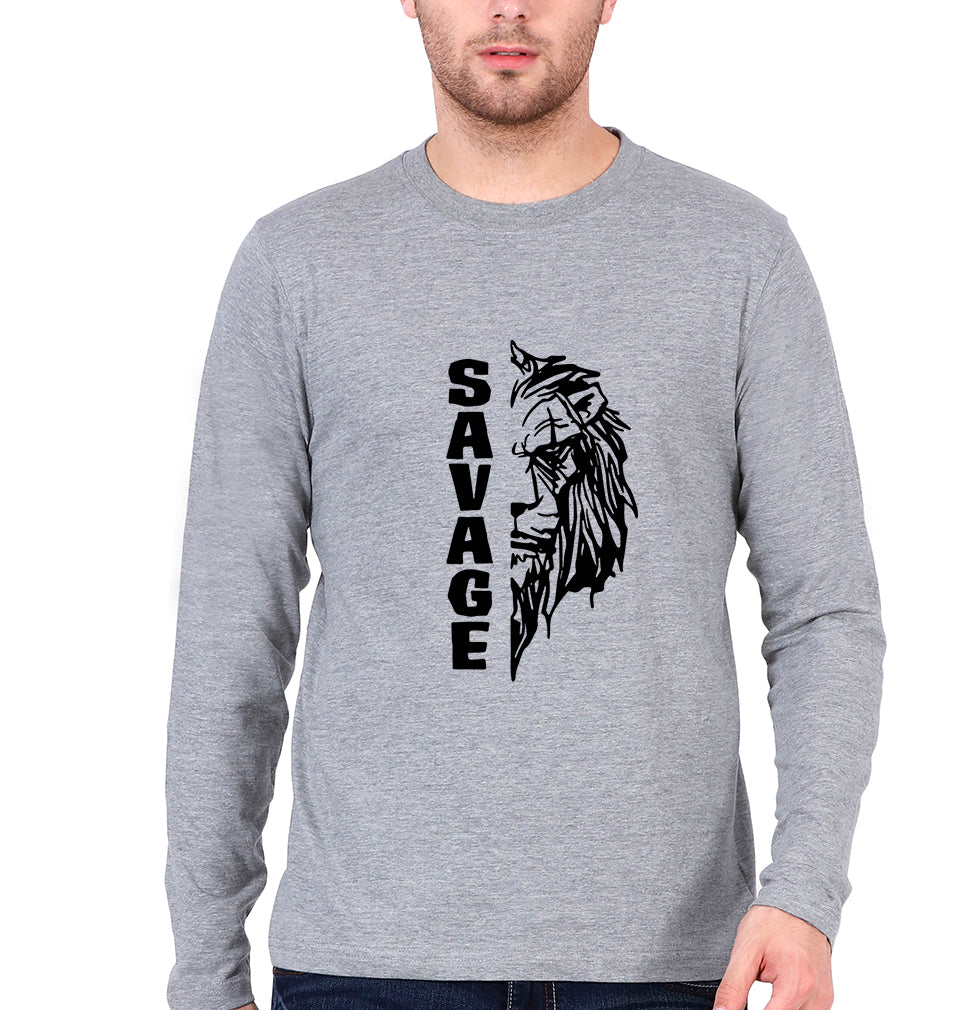 Savage Lion Full Sleeves T-Shirt for Men-Grey Melange-Ektarfa.online