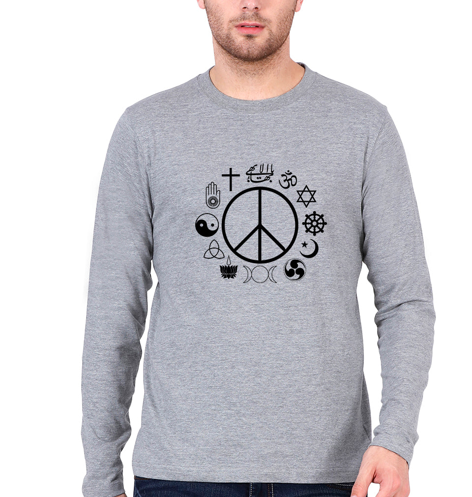 Peace Religious Symbols Full Sleeves T-Shirt for Men-Grey Melange-Ektarfa.online