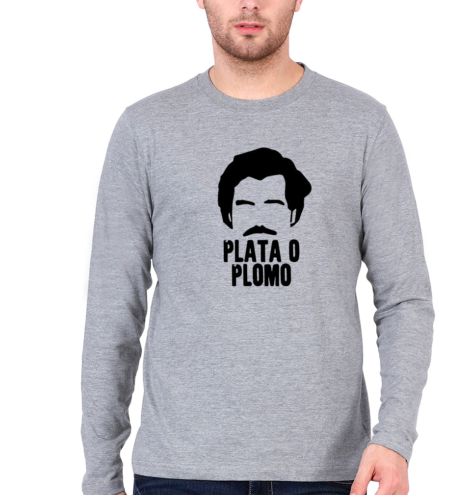 Narcos Plata O Plomo Full Sleeves T-Shirt for Men-Grey Melange-Ektarfa.online