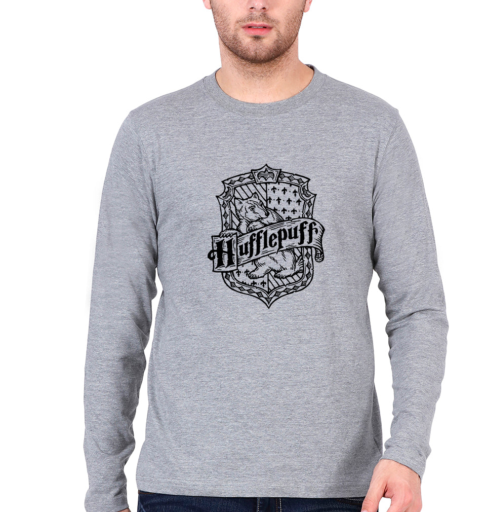 Hufflepuff Harry Potter Full Sleeves T-Shirt for Men-Grey Melange-Ektarfa.online