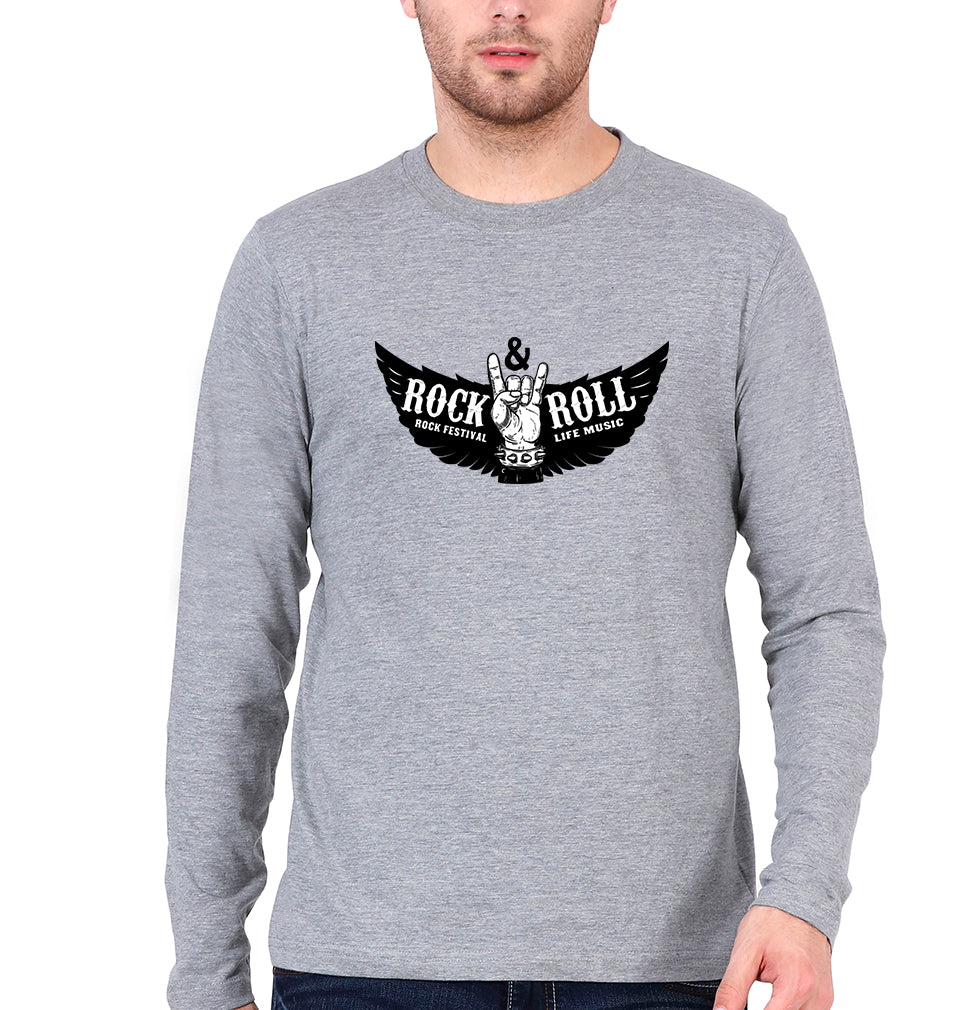 Rock & Roll Full Sleeves T-Shirt for Men-S(38 Inches)-Grey Melange-Ektarfa.online