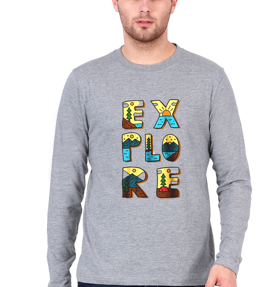 Explore Travel Adventure Full Sleeves T-Shirt for Men-Grey Melange-Ektarfa.online