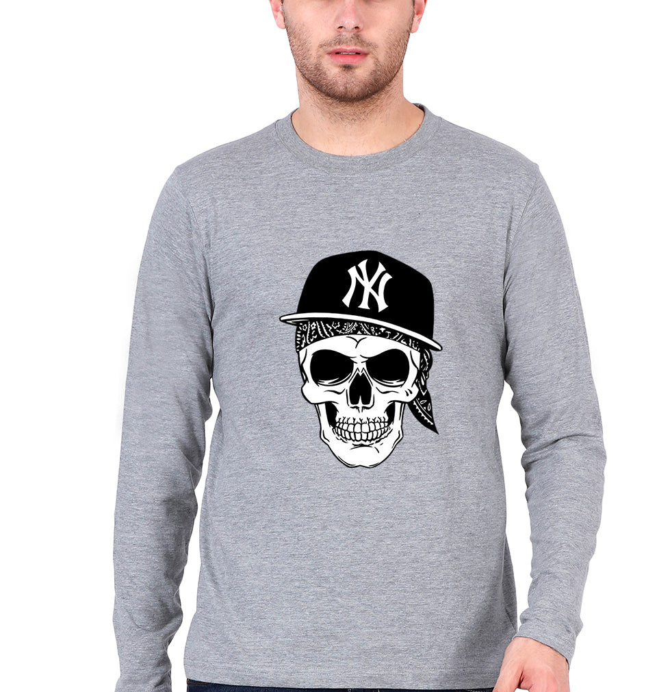 Hip Hop Skull NY Full Sleeves T-Shirt for Men-Grey Melange-Ektarfa.online