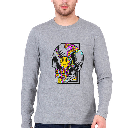 Trippy Psychedelic Skull Emoji Full Sleeves T-Shirt for Men-Grey Melange-Ektarfa.online