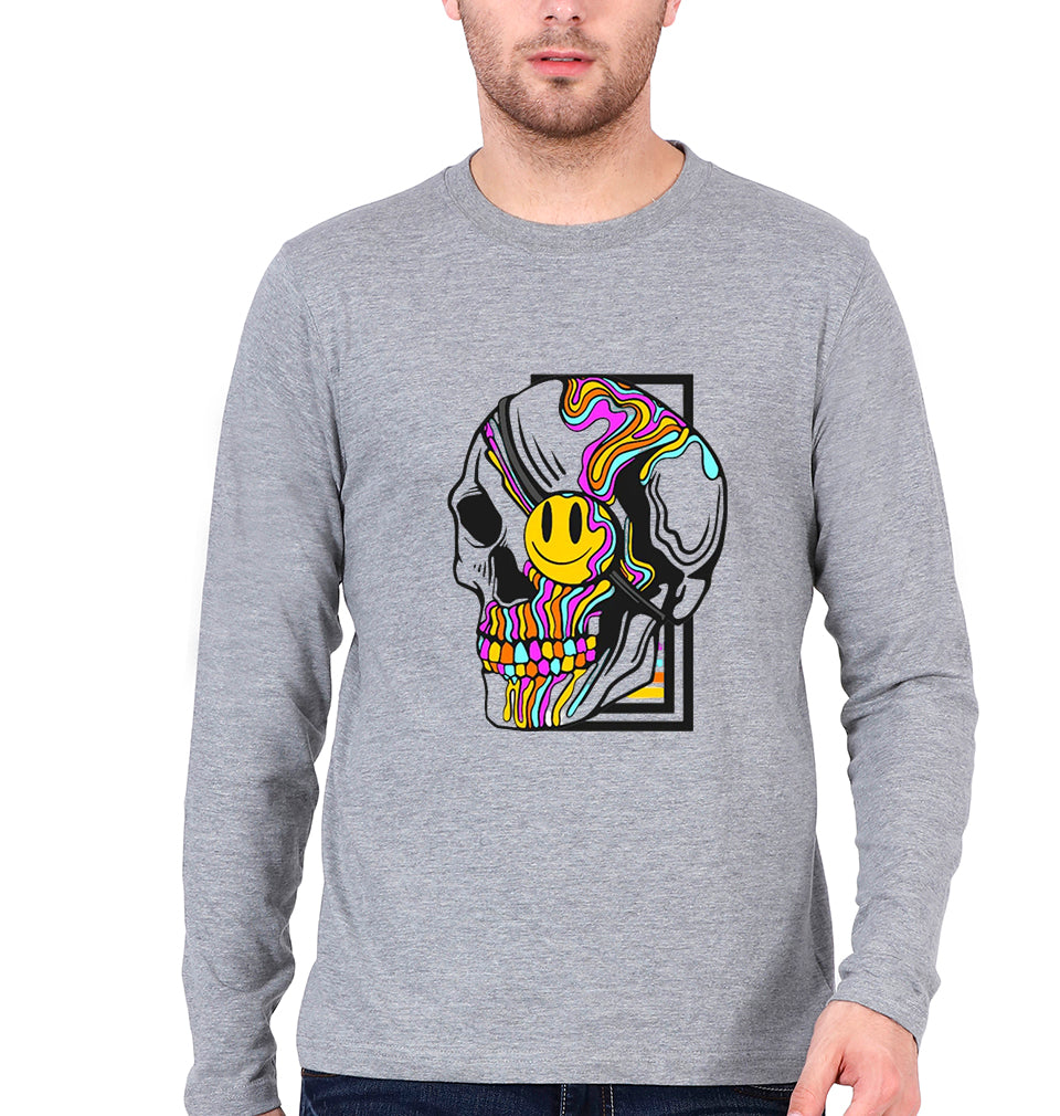 Trippy Psychedelic Skull Emoji Full Sleeves T-Shirt for Men-Grey Melange-Ektarfa.online
